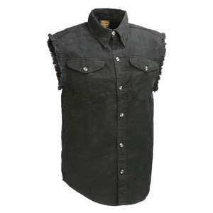 ilwaukee Black Denim Motorcycle Cut-Off Shirt – front view snap-down collar, button-front closure, and two chest pockets on lightweight black denim twill fabric ilwaukee Black Denim Motorcycle Cut-Off Shirt – front view snap-down collar, button-front closure, and two chest pockets on lightweight black denim twill fabric
