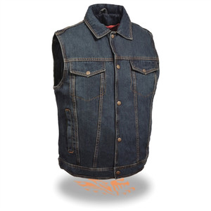 Milwaukee Leather DM1331 Men's Blue Denim Motorcycle Vest front view – snap front closure, shirt style collar, two chest pockets Milwaukee Leather DM1331 Men's Blue Denim Motorcycle Vest front view – snap front closure, shirt style collar, two chest pockets