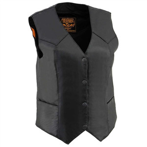 Milwaukee Leather Ladies Classic Leather Motorcycle Vest featuring premium soft cowhide with classic V-neck and four-snap front Milwaukee Leather Ladies Classic Leather Motorcycle Vest featuring premium soft cowhide with classic V-neck and four-snap front