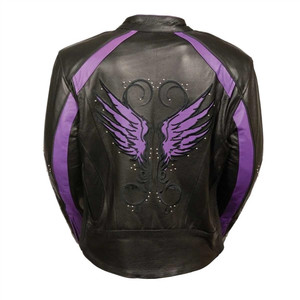 Women's Leather Motorcycle Jacket With Purple Embroidery Women's Leather Motorcycle Jacket With Purple Embroidery