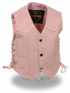 Milwaukee Leather girls pink motorcycle vest with snap front closure and side lace Milwaukee Leather girls pink motorcycle vest with snap front closure and side lace