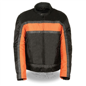 Milwaukee Leather men's textile racer motorcycle jacket with thermal lining and reflective orange stripe Milwaukee Leather men's textile racer motorcycle jacket with thermal lining and reflective orange stripe