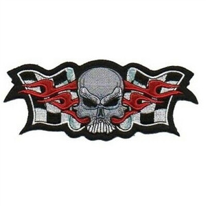 Red Flaming Skull Patch w/ Checkered Flag by Lethal Threat Red Flaming Skull Patch w/ Checkered Flag by Lethal Threat