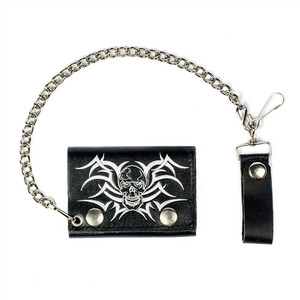 Tribal Skull Biker Leather Chain Wallet – front view USA-made black cowhide with tribal skull design, snap closure, and 12-inch detachable chain Tribal Skull Biker Leather Chain Wallet – front view USA-made black cowhide with tribal skull design, snap closure, and 12-inch detachable chain