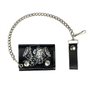USA-made black leather tri-fold wallet with silver Lady Luck emblem, snap closure, and detachable 12-inch chain USA-made black leather tri-fold wallet with silver Lady Luck emblem, snap closure, and detachable 12-inch chain