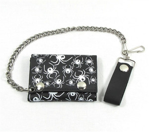 USA-made black leather biker wallet featuring white spider print chain USA-made black leather biker wallet featuring white spider print chain