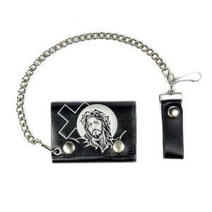 USA-made black leather tri-fold wallet featuring Jesus graphic, detachable 12-inch chain USA-made black leather tri-fold wallet featuring Jesus graphic, detachable 12-inch chain