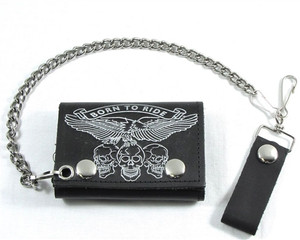 USA-made black leather biker wallet featuring 'Born to Ride' skull and eagle design with chain USA-made black leather biker wallet featuring 'Born to Ride' skull and eagle design with chain
