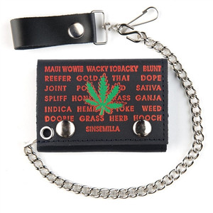 USA-made black leather biker wallet featuring green marijuana leaf design and 12-inch chain USA-made black leather biker wallet featuring green marijuana leaf design and 12-inch chain