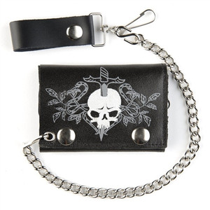 USA-made black leather tri-fold wallet with skull and dagger graphic, detachable 12-inch chain USA-made black leather tri-fold wallet with skull and dagger graphic, detachable 12-inch chain