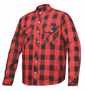 Unik red and black flannel motorcycle armored shirt – front view with Kevlar reinforcement and snap-down collar Unik red and black flannel motorcycle armored shirt – front view with Kevlar reinforcement and snap-down collar