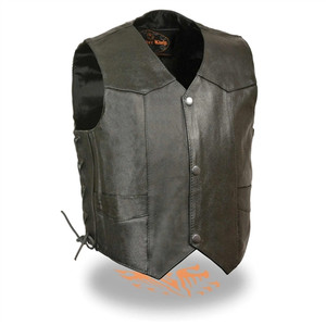 Milwaukee Leather baby & toddler motorcycle vest front view – soft, snap front closure, side laces, two front pockets Milwaukee Leather baby & toddler motorcycle vest front view – soft, snap front closure, side laces, two front pockets