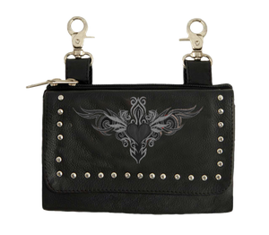 Reflective gray tribal heart embroidered biker leather hip purse with belt clip Reflective gray tribal heart embroidered biker leather hip purse with belt clip