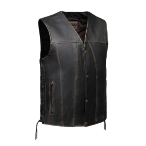 UNIK men's distressed brown leather motorcycle vest with side laces