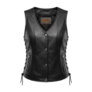 Women's side lace leather motorcycle vest with concealed carry pockets