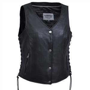 Unik Ladies Side Lace Leather Motorcycle Vest with Four-Snap Front and Soft Black Leather Unik Ladies Side Lace Leather Motorcycle Vest with Four-Snap Front and Soft Black Leather