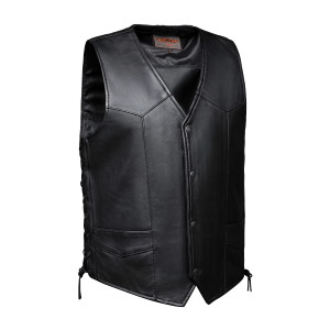 Men's premium black naked cowhide leather motorcycle vest with side laces