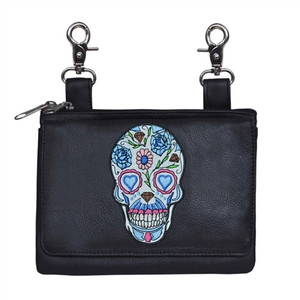 Black Leather Hip Bag - Colorful Flower Sugar Skull Biker Fanny Bag Black Leather Hip Bag - Colorful Flower Sugar Skull Biker Fanny Bag