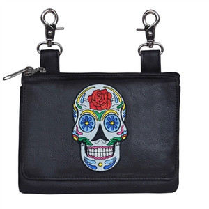 Black Leather Hip Bag - Colorful Rose Sugar Skull Embroidered Black Leather Hip Bag - Colorful Rose Sugar Skull Embroidered