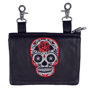 Sugar Skull Leather Biker Hip Bag with embroidered red, white, and black sugar skull design Sugar Skull Leather Biker Hip Bag with embroidered red, white, and black sugar skull design