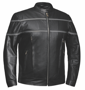 Unik Gray Stripe Leather Motorcycle Jacket with Gray Racing Stripes Across Chest, Arms, and Back Unik Gray Stripe Leather Motorcycle Jacket with Gray Racing Stripes Across Chest, Arms, and Back