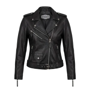 Women’s lightweight black lambskin motorcycle jacket by UNIK