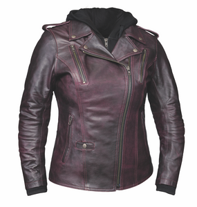 Unik 3-in-1 purple ladies leather motorcycle jacket featuring distressed premium leather, removable black hoodie, and classic snap-down collar Unik 3-in-1 purple ladies leather motorcycle jacket featuring distressed premium leather, removable black hoodie, and classic snap-down collar