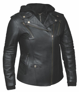 Unik 3-in-1 Women's Leather Motorcycle Jacket with removable black hoodie and premium lambskin