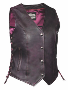 Women's purple leather motorcycle vest by Unik with side laces Women's purple leather motorcycle vest by Unik with side laces