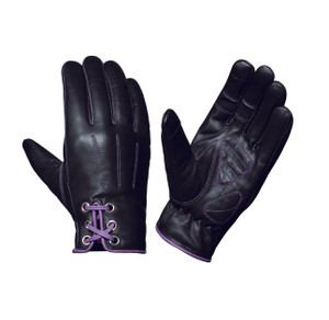 Unik women's purple lace leather motorcycle gloves with touchscreen-compatible fingertips and adjustable Velcro wrist strap Unik women's purple lace leather motorcycle gloves with touchscreen-compatible fingertips and adjustable Velcro wrist strap