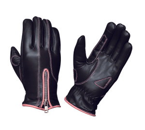 Unik Pink Accents Women's Leather Motorcycle Gloves featuring soft leather and pink accent detailing Unik Pink Accents Women's Leather Motorcycle Gloves featuring soft leather and pink accent detailing
