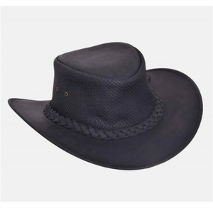 Vented Black Leather Cowboy Hat – front view showcasing genuine cowhide with a classic cattleman crown and 3¾" shapeable brim, featuring a braided hatband Vented Black Leather Cowboy Hat – front view showcasing genuine cowhide with a classic cattleman crown and 3¾" shapeable brim, featuring a braided hatband
