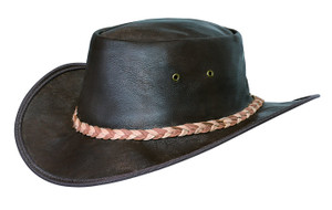 Crushable Brown Leather Western Hat – showcasing genuine distressed cowhide with a classic cattleman crown and 3¾" shapeable brim, featuring a two-tone braided tie-back hatband Crushable Brown Leather Western Hat – showcasing genuine distressed cowhide with a classic cattleman crown and 3¾" shapeable brim, featuring a two-tone braided tie-back hatband