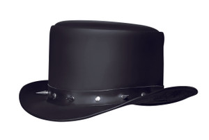 Black cowhide leather top hat with spiked studded band and bendable brim Black cowhide leather top hat with spiked studded band and bendable brim