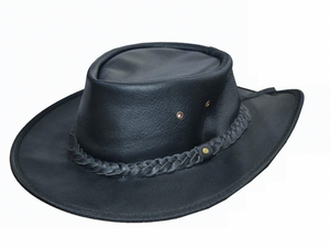 Crushable Black Leather Western Hat – front view showcasing genuine cowhide leather with a classic cattleman crown and 3¾" shapeable brim, featuring a black braided hatband Crushable Black Leather Western Hat – front view showcasing genuine cowhide leather with a classic cattleman crown and 3¾" shapeable brim, featuring a black braided hatband