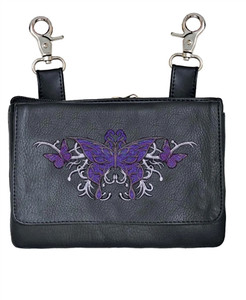 Biker Leather Hip Clip Belt Fanny Bag - Purple Tribal Butterfly Biker Leather Hip Clip Belt Fanny Bag - Purple Tribal Butterfly