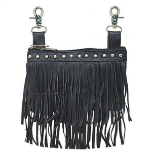 Unik women's black leather hip pouch featuring double fringe and studded embellishments Unik women's black leather hip pouch featuring double fringe and studded embellishments