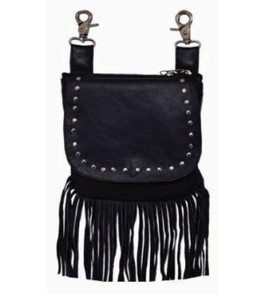Black Leather Fringe Hip Bag, Studded Biker Riding Purse Black Leather Fringe Hip Bag, Studded Biker Riding Purse