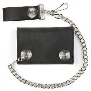 Buffalo Nickel Snap Leather Chain Wallet – front view USA-made genuine black cowhide with replica buffalo nickel snap closure and 12-inch detachable chain Buffalo Nickel Snap Leather Chain Wallet – front view USA-made genuine black cowhide with replica buffalo nickel snap closure and 12-inch detachable chain