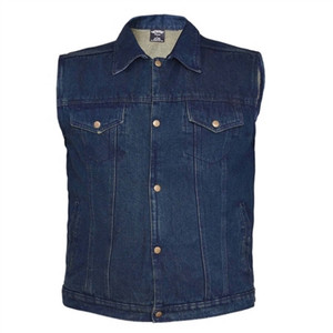 Men's Classic Blue Denim Collar Motorcycle Vest, Unlined Men's Classic Blue Denim Collar Motorcycle Vest, Unlined
