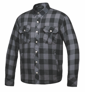 Unik gray and black plaid armored flannel motorcycle shirt with CE-approved armor and Kevlar reinforcement Unik gray and black plaid armored flannel motorcycle shirt with CE-approved armor and Kevlar reinforcement