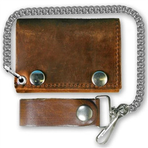 USA-made distressed brown leather biker chain wallet with snap closure and silver chain USA-made distressed brown leather biker chain wallet with snap closure and silver chain
