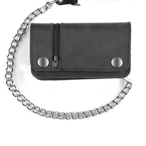 USA Made black leather chain wallet with zip compartment, featuring durable leather and sturdy chain attachment USA Made black leather chain wallet with zip compartment, featuring durable leather and sturdy chain attachment