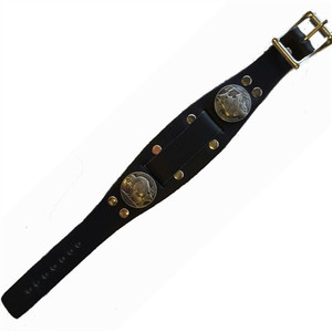 USA-made black cowhide leather watch band featuring two replica buffalo nickel emblems and adjustable buckle USA-made black cowhide leather watch band featuring two replica buffalo nickel emblems and adjustable buckle