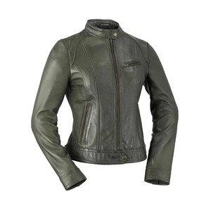 Whet Blu ladies army green lambskin leather racer jacket front view Whet Blu ladies army green lambskin leather racer jacket front view