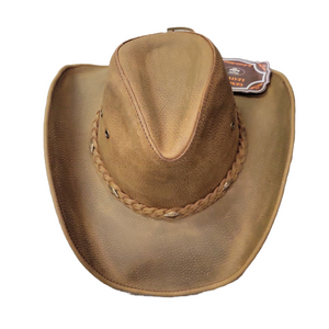 Brown leather cowboy hat with bronze braided band by Bullhide Brown leather cowboy hat with bronze braided band by Bullhide