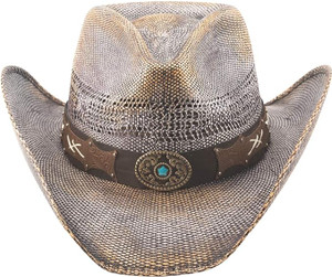 Bullhide Distressed Cowboy Hat featuring distressed violet straw, vented crown, tie-back band with concho, and shapeable wire brim Bullhide Distressed Cowboy Hat featuring distressed violet straw, vented crown, tie-back band with concho, and shapeable wire brim
