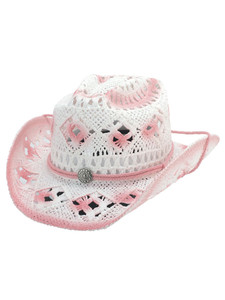 Bullhide Kids Pink Straw Western Hat featuring pink and white woven straw with a pink hat band and floral embellishments Bullhide Kids Pink Straw Western Hat featuring pink and white woven straw with a pink hat band and floral embellishments