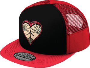 Front view of Lethal Threat Death Grip flat bill snap back hat in red and black Front view of Lethal Threat Death Grip flat bill snap back hat in red and black