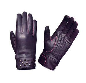 Unik women's black and purple leather riding gloves touchscreen-compatible fingertips studded wrist Unik women's black and purple leather riding gloves touchscreen-compatible fingertips studded wrist